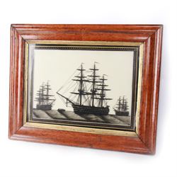 19th century monochrome ship silhouette, reverse painted on glass, within Verre Eglomise b...