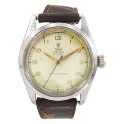 Tudor Oyster Royal gentleman's stainless steel manual wind wristwatch, Ref. 7934, cream dial with Arabic hour markers, on brown leather strap