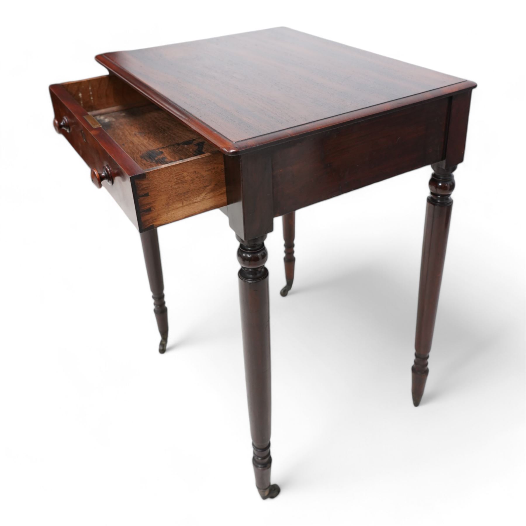 Small 19th century mahogany side table, rectangular top fitted with single drawer, raised on turned supports terminating to castors