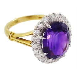 18ct gold oval cut amethyst and diamond cluster ring, hallmarked, amethyst approx 4.05 carat