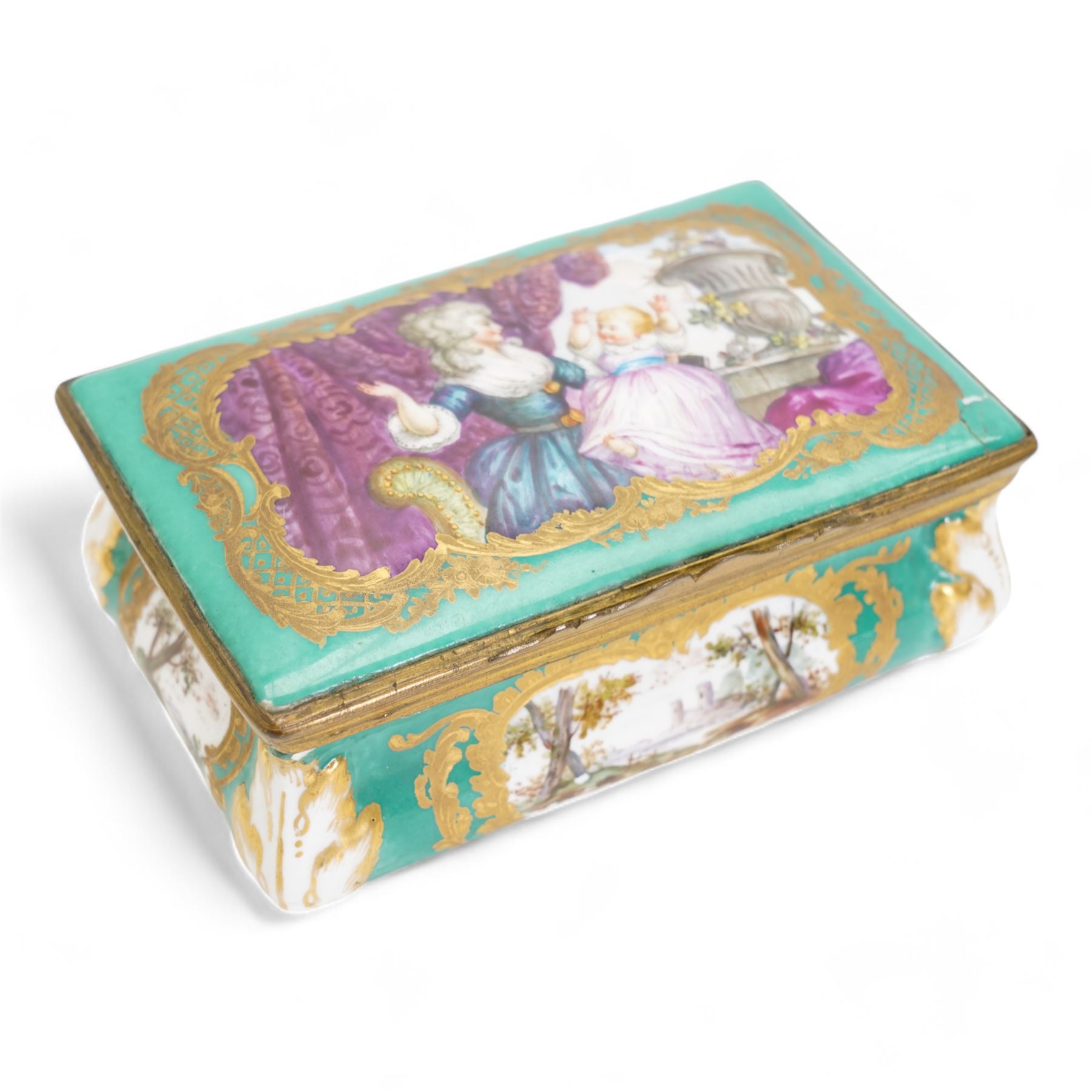 19th century porcelain and gilt brass mounted casket, of waisted rectangular form, the hinged cover painted with Georgiana, Duchess of Devonshire and her child Georgina Dorothy Cavendish, after Sir Joshua Reynolds, within a gilt border on green ground, the sides painted with panels of landscapes within acanthus moulded corners, Derby mark beneath, L14cm x H6cm