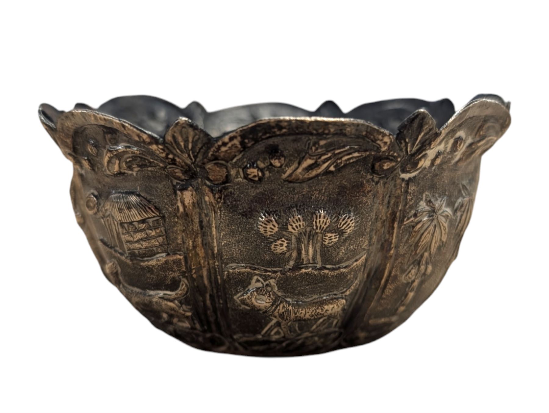 Indian silver dish, of circular form chased and repousse decorated with figural scenes