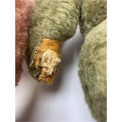 Two 1950s coloured teddy bears - Farnell type in faded greeny/grey coloured wool type plush with applied eyes, vertically stitched nose and mouth and jointed limbs with felt pads H17