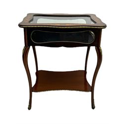 Late 19th century inlaid mahogany bijouterie table, glazed hinged top with floral marquetry, enclosing a felt-lined interior, lower shelf, ormolu mounts on cabriole supports with gilt accents