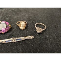 9ct gold cameo ring, silver paste set brooch, gold stone set stick pin. paste brooch and one other ring