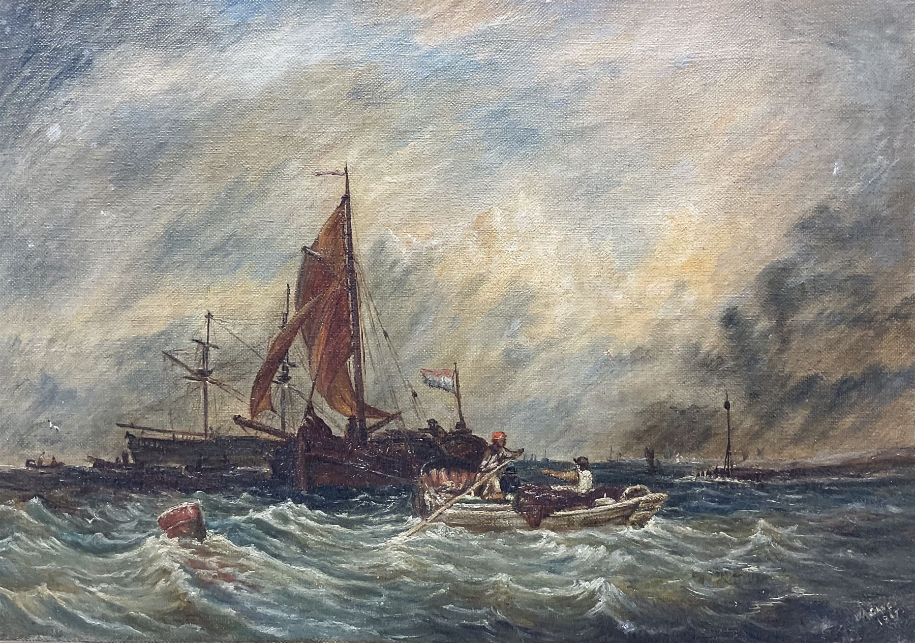 W A Cave (British 19th/20th Century): Sailing out at Dusk, oil on canvas signed and dated 1907, 25cm x 35cm 
