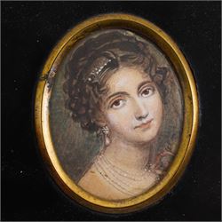 English School (19th century): Portrait of a Mediterranean Beauty with a Pearl Earring, miniature watercolour on paper unsigned 6cm x 5cm