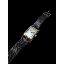 Record 9ct gold gentleman's manual wind tank wristwatch, silvered dial with subsidiary sec...