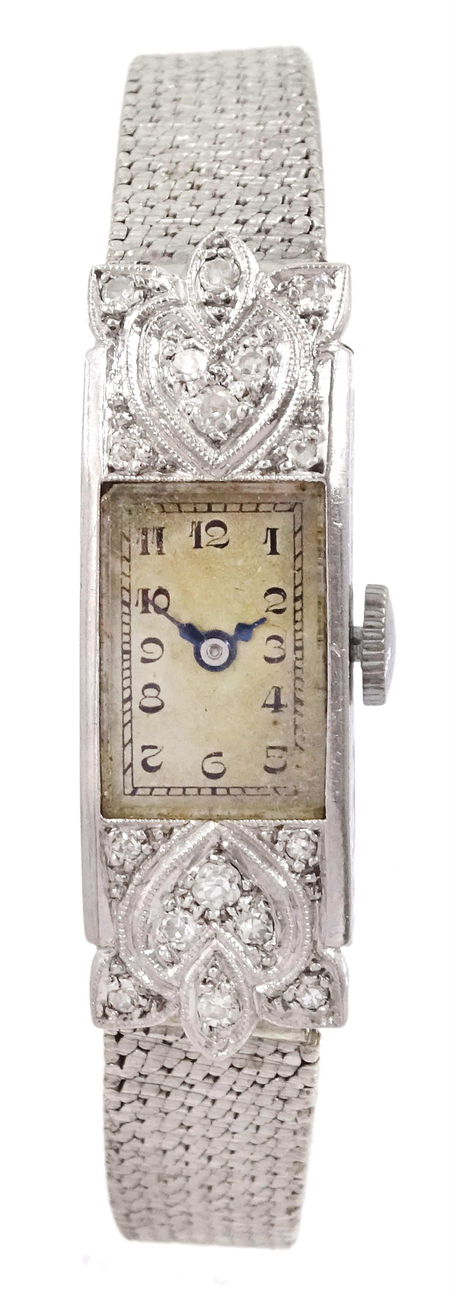 Louis Watch Company Art Deco ladies platinum diamond manual wind wristwatch, on later 9ct white gold bracelet, Birmingham 1969