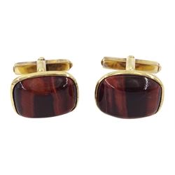 Pair of 9ct gold red tiger's eye cufflinks, stamped