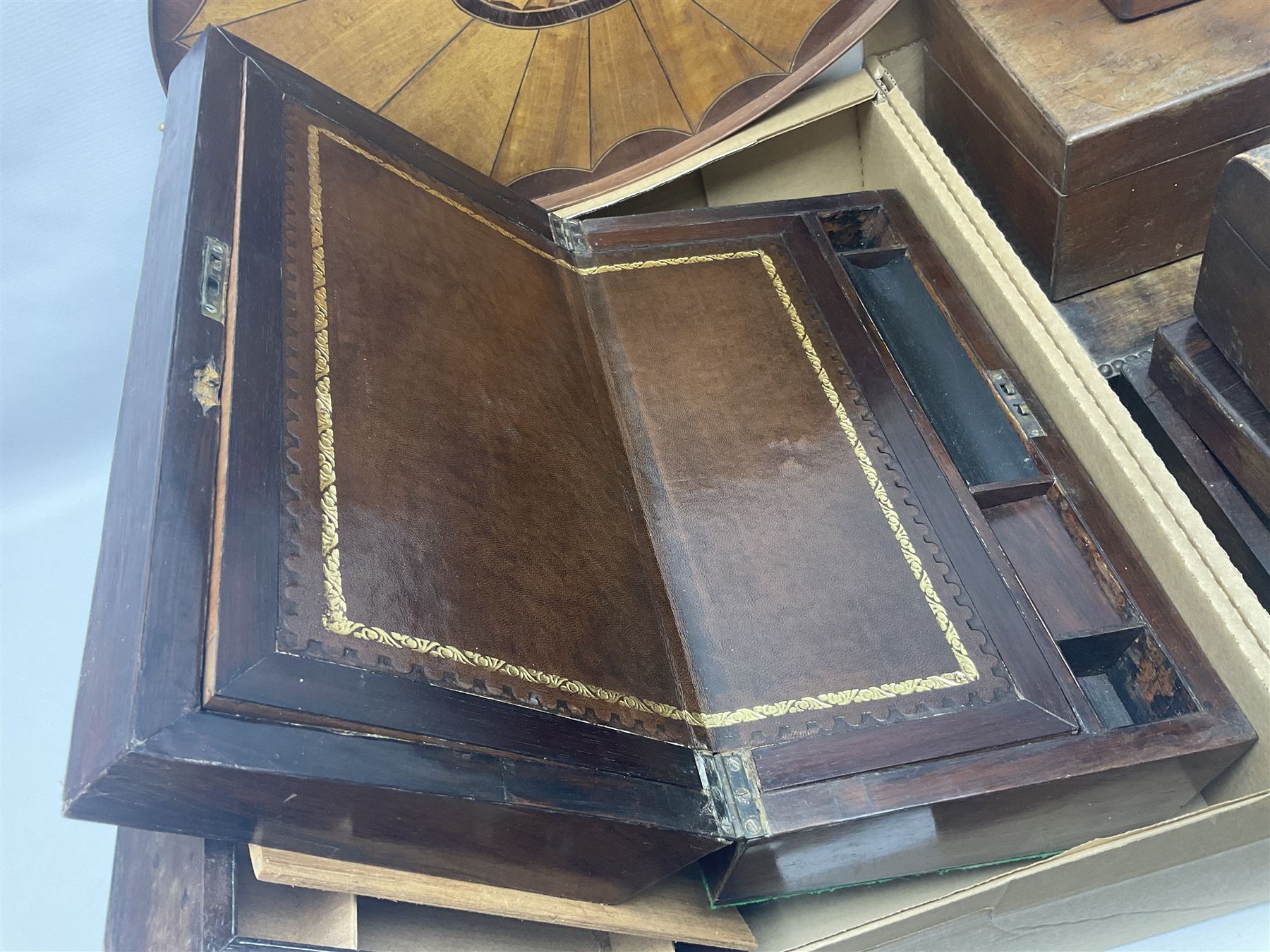 Wooden boxes, writing slopes and a tray for restoration