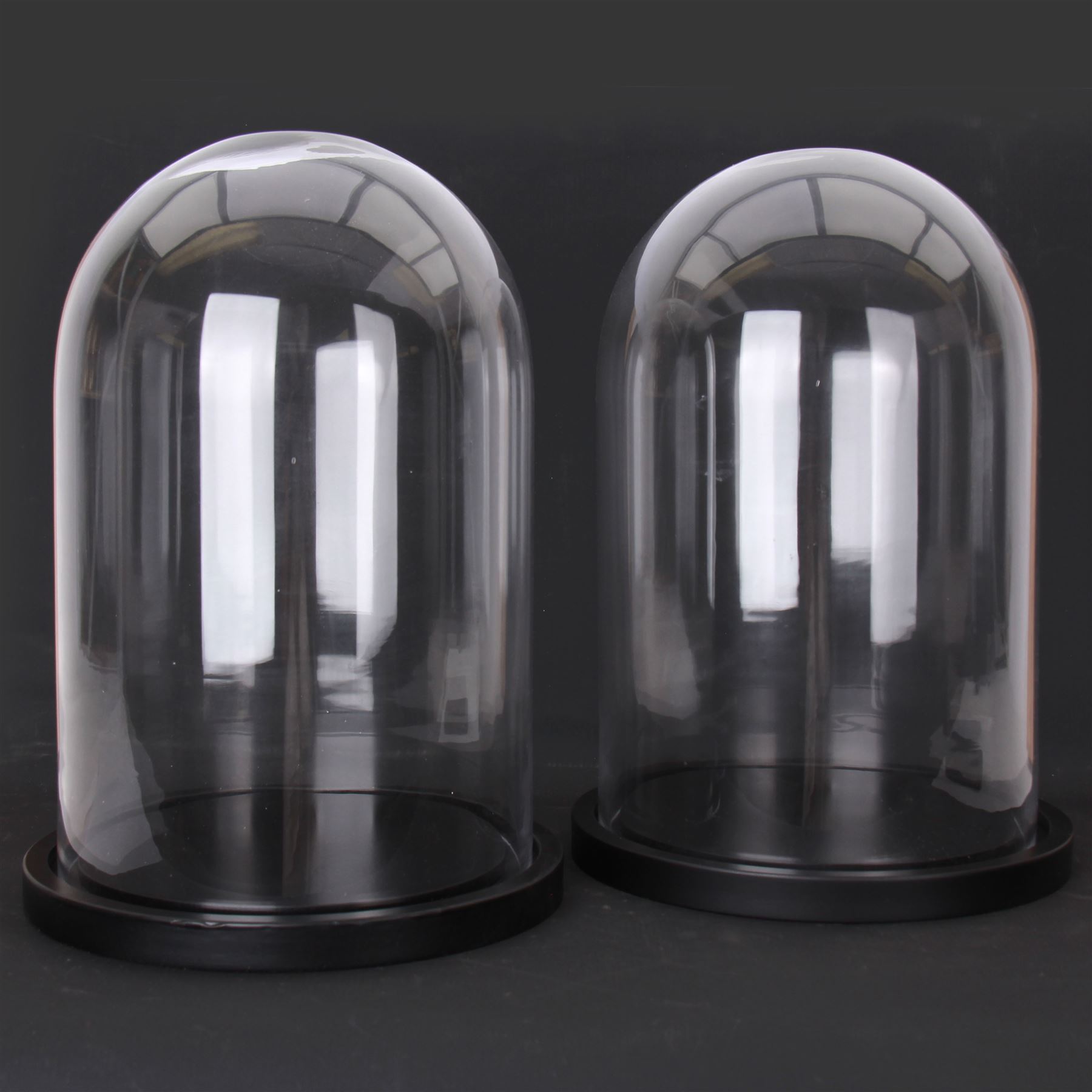 Pair of glass domes upon circular bases, H42cm