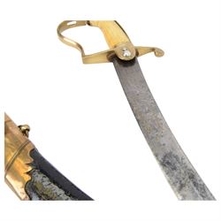 George III  British Grenadier Officer's private purchase scimitar, the 71.5cm curving blade with traces of bluing and gilding, brass hilt with D-shaped langets, one applied with a flaming grenade, knucklebow and chequered ivory grip; in leather covered scabbard with copper or brass mounts and two suspension rings, L86.5cm overall
This item has been registered for sale under Section 10 of the APHA Ivory Act 