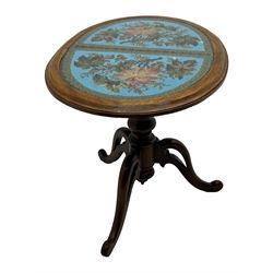 Victorian mahogany pedestal table, oval top inlaid with tapestry under glass, turned central pedestal with pointed finial, on three carved scroll supports