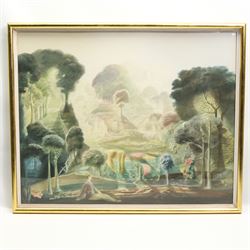 Harold Hitchcock (British 1914-2009): Ethereal Woodland Landscape with Figure, watercolour signed with monogram and dated 1967, 50cm x 62cm