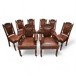 Set of eight (6+2) late Victorian carved oak dining chairs, shaped cresting rail carved wi...