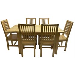 Solid beech rectangular dining table (89cm x 135cm - 160cm, H77cm); together with a set of five beech dining chairs