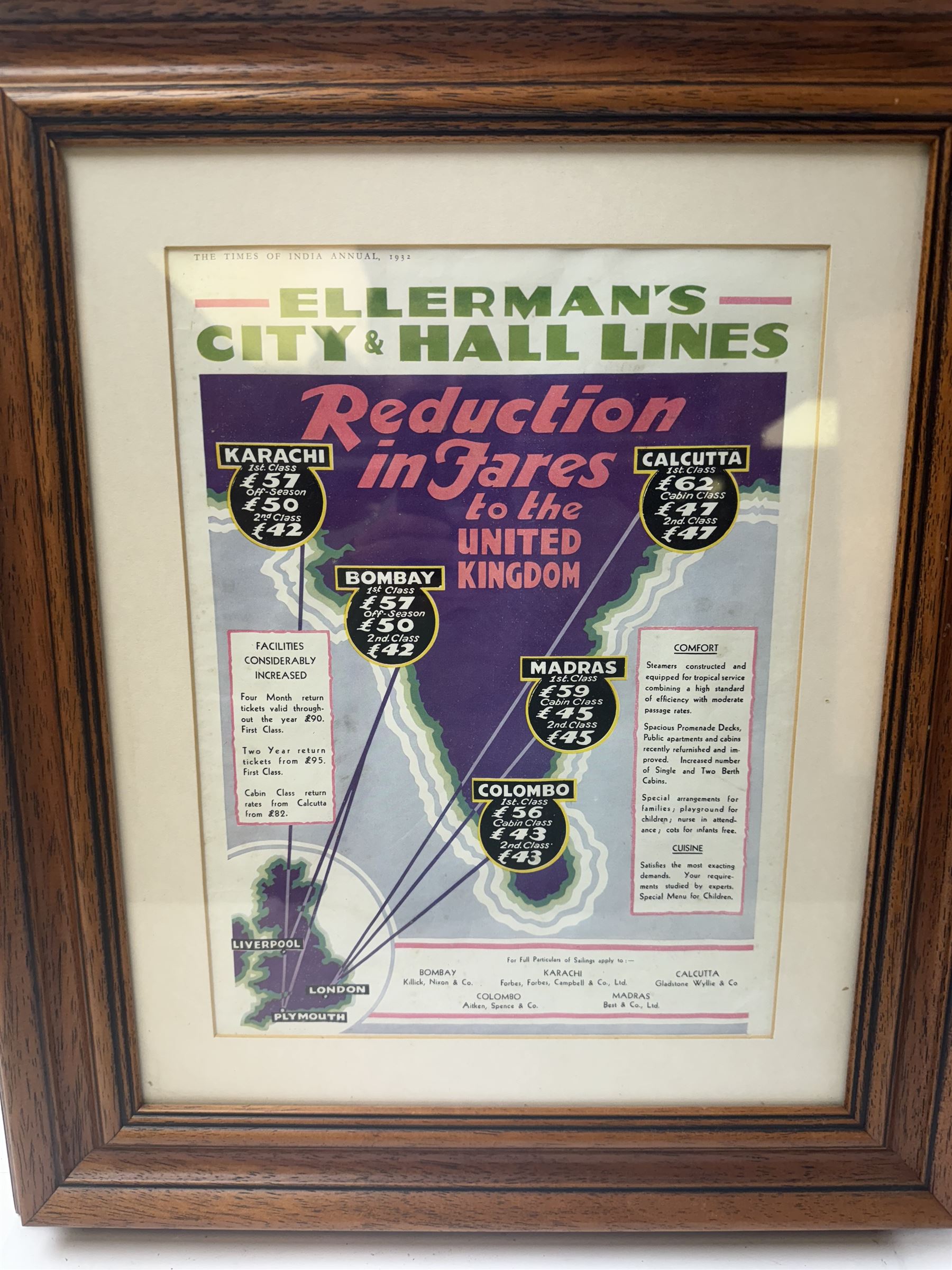 Ellerman's City & Hall Lines advertising page, from The Times of India Annual 1932, within glazed wooden frame, page H31cm