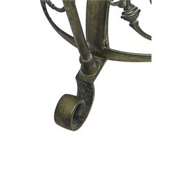 Victorian brass converted oil lamp stand, telescopic stem with scrolled uprights terminating to scrolled feet, dished base decorated with scrolling cast metal work and grotesque masks 