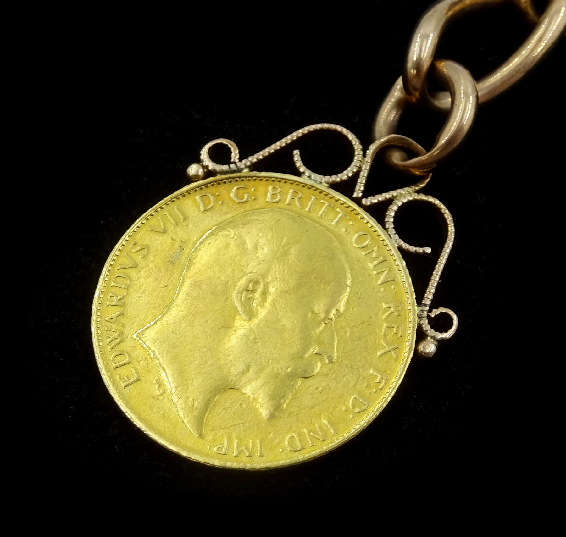 Early 20th century 9ct rose gold Albert chain, each link stamped 9. 375, by Herbert Bushell & Son Ltd, Birmingham, with a soldered King Edward VIII 1907 gold half sovereign coin