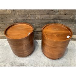 Pair of walnut circular barrel shaped lamp tables, fitted with single drawer