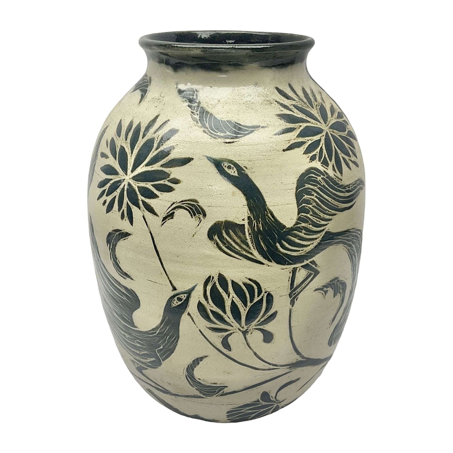 John Egerton (c1945-): studio pottery stoneware vase decorated with birds in flowers braches upon a white ground, H40cm