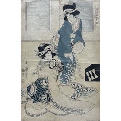 Kitagawa Utamaro (Japanese 1753-1806): Ladies playing the Drum, 18th/19th century woodblock print 37cm x 24cm