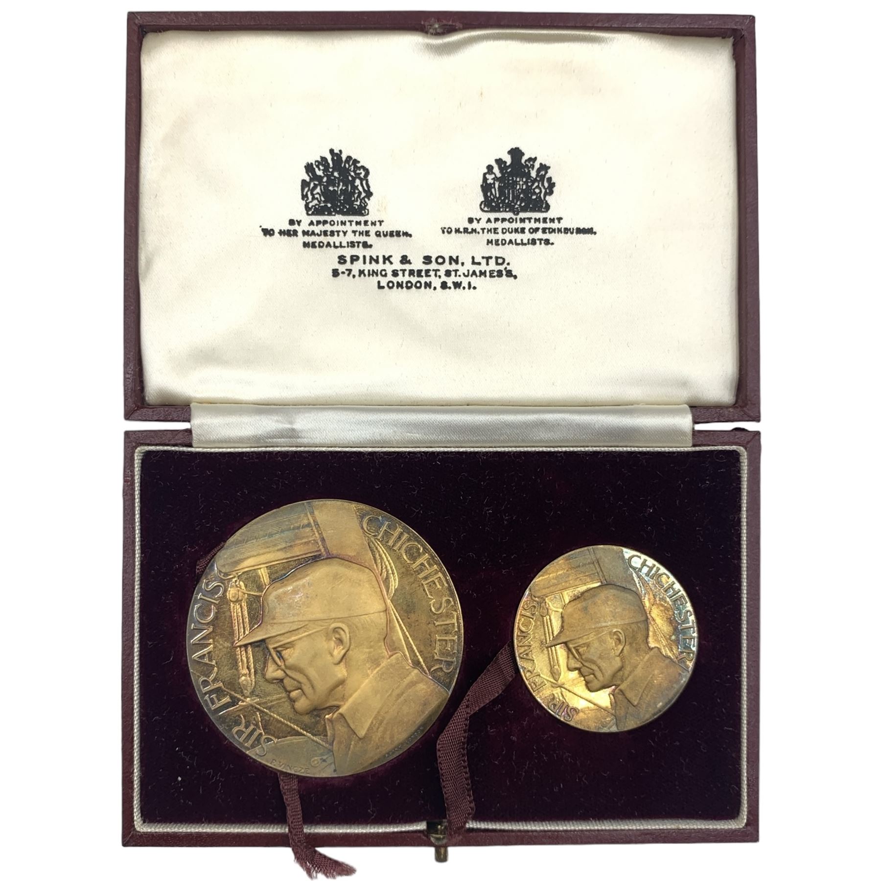 Cased pair of Sir Francis Chichester silver gilt limited edition commemorative medals of Gypsy Moth IV 1966-1967, by Spink & Son