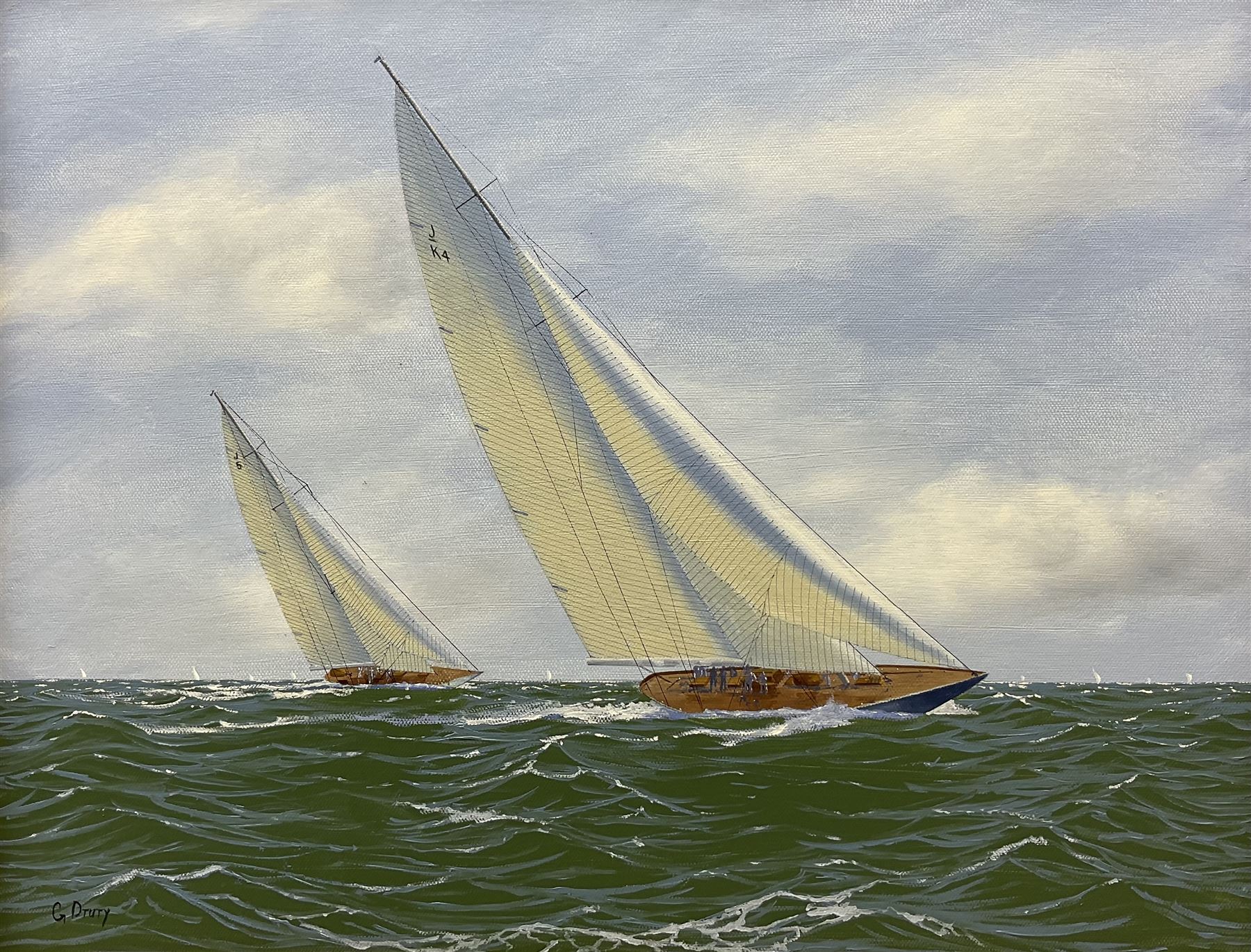 George Drury (British 1950-): 'Endeavor Leads Rainbow - America's Cup 1934', oil on canvas board signed, titled verso 39cm x 49cm 