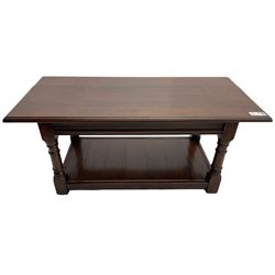 Rectangular mahogany coffee table, moulded rectangular top, turned supports united by undertier 