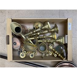 Metalware, to include several pairs of brass candlesticks of various size, copper teapot, copper and brass bound jug, copper bed warming pan, small jam pan, etc., in one box 