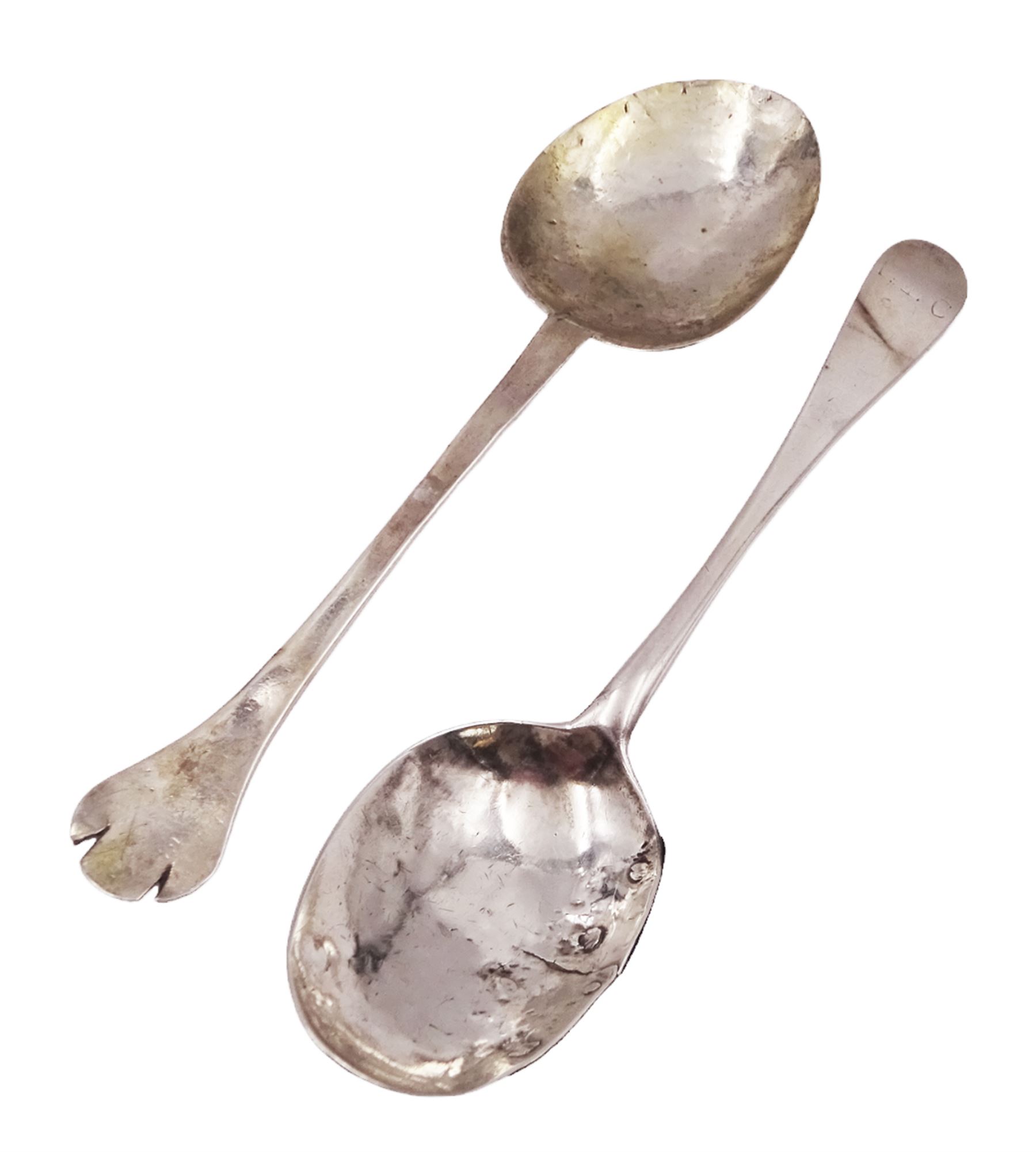 17th century silver trifid spoon, marks worn and indistinct, together with an Old English pattern silver spoon