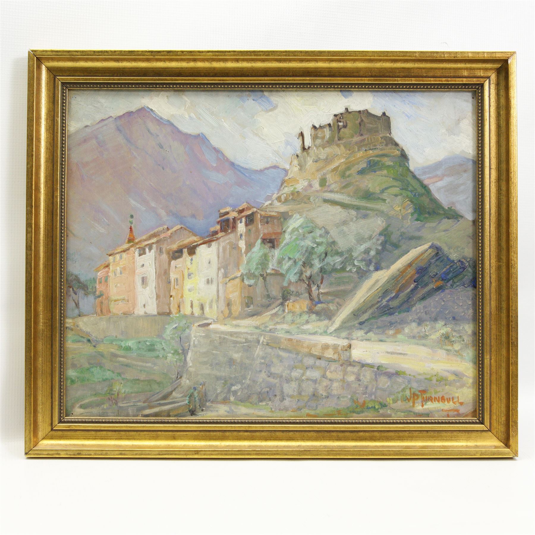 J P Turnbull (British 20th Century): Castle Ruins on Mountain Top, oil on board signed 32cm x 40cm 