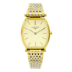 Longines La Grand Classique ladies gold-plated and stainless steel quartz wristwatch, Ref. L4 205 2, champagne dial with baton hour markers, boxed with guarantee card dated 2009 and additional links