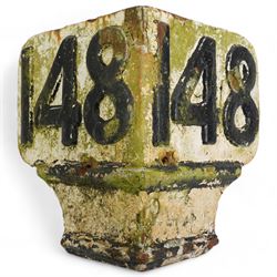 Railway cast iron marker no. 148, white with black raised lettering, H30cm x W36cm