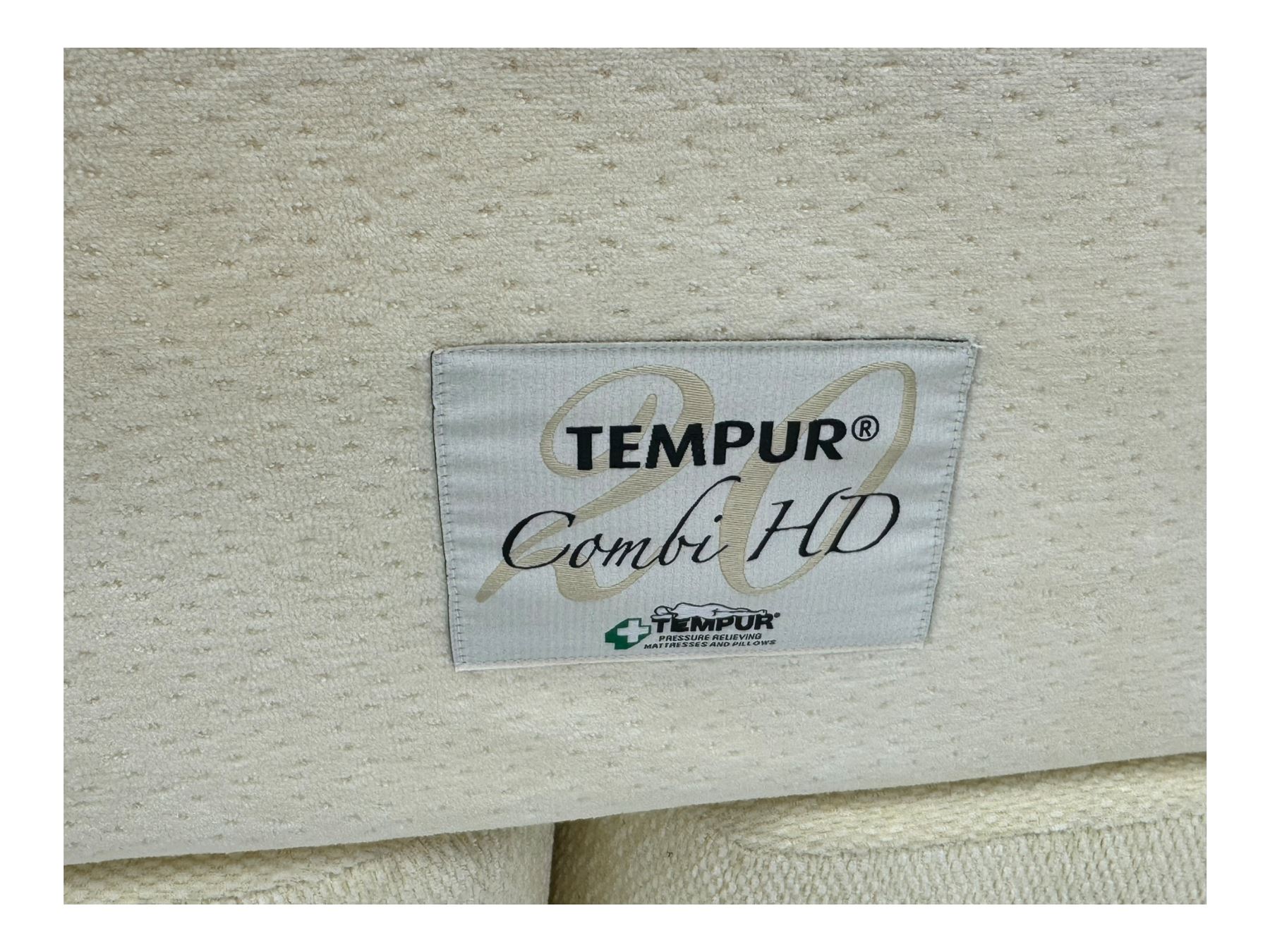 Contemporary king size 5' Tempur divan bed, black leather upholstered headboard, beige fabric divan base with four drawers; Tempur 'Combi HD' mattress with removable cover (200 x 150 x 20cm)