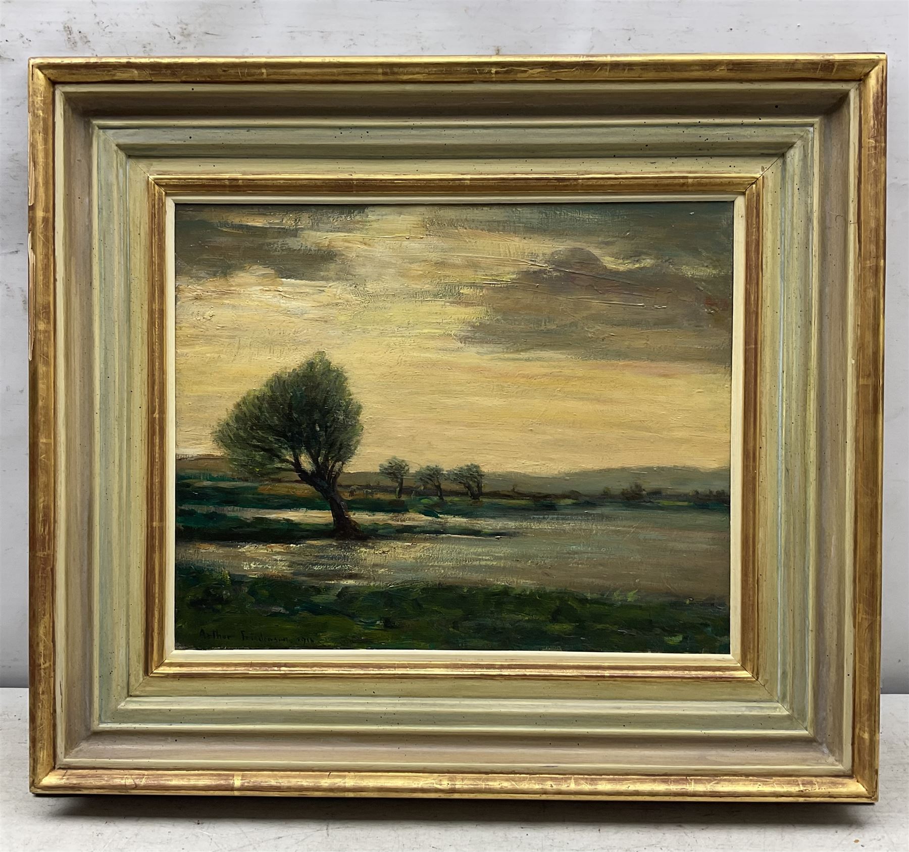 Arthur A Friedenson (Staithes Group 1872-1955): 'September Afternoon' - On the River Frome near Wareham, oil on panel signed, titled verso 32cm x 40cm 