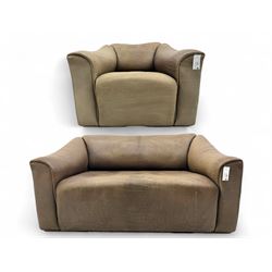 Mid-20th century two seater sofa, upholstered in soft brown leather with visible patina, c...