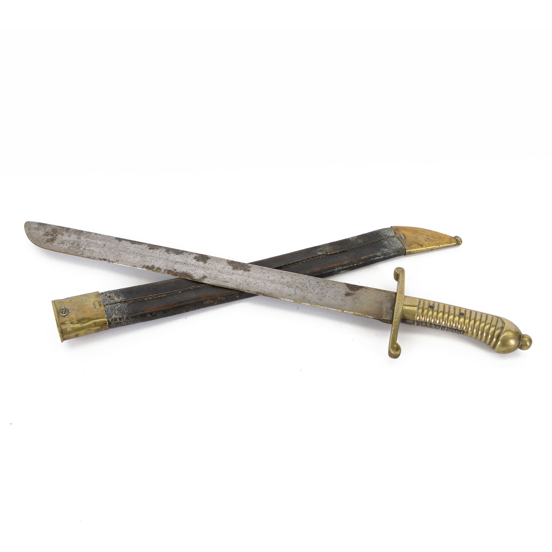 Prussian model 1855 Infantry Pioneers short sword, single edge blade stamped with a crown, quillon marked 28 AE.3.99. 32.A.E.2.99.1, with ribbed grip, in brass mounted leather scabbard, L65cm