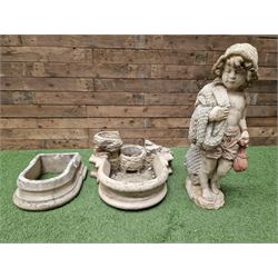 Three section cast stone garden figure of a boy carrying fishing net and a satchel with a water feature together with a cast stone planter on plinth - THIS LOT IS TO BE COLLECTED BY APPOINTMENT FROM DUGGLEBY STORAGE, GREAT HILL, EASTFIELD, SCARBOROUGH, YO11 3TX