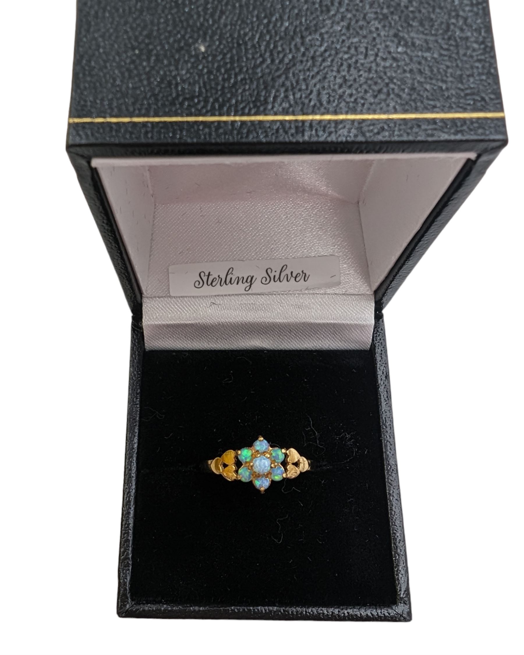 Silver-gilt opal flower head cluster ring, stamped Sil, boxed