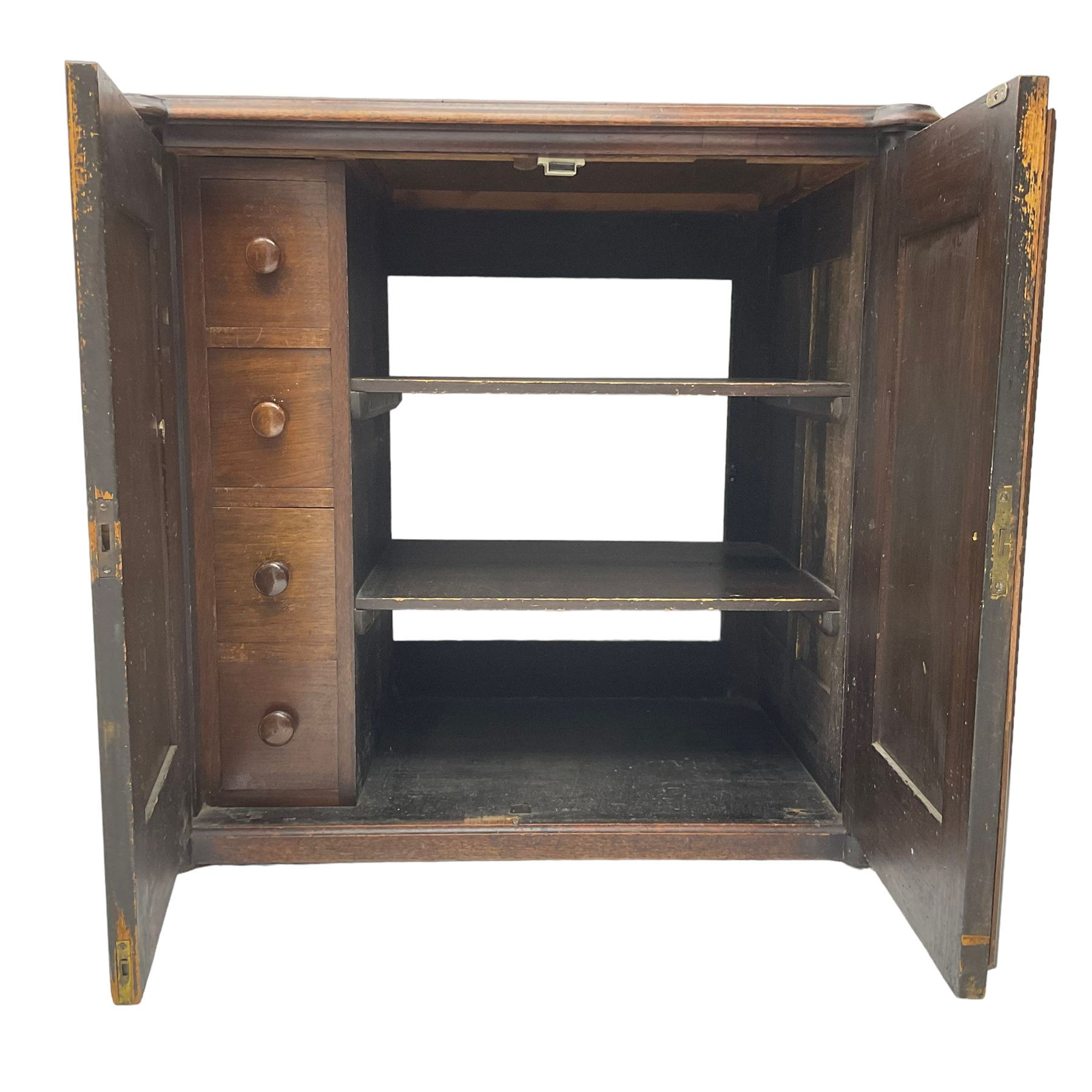 Victorian lacquered mahogany cupboard, fitted with two arch panelled doors enclosing two shelves, flanked by split turned uprights