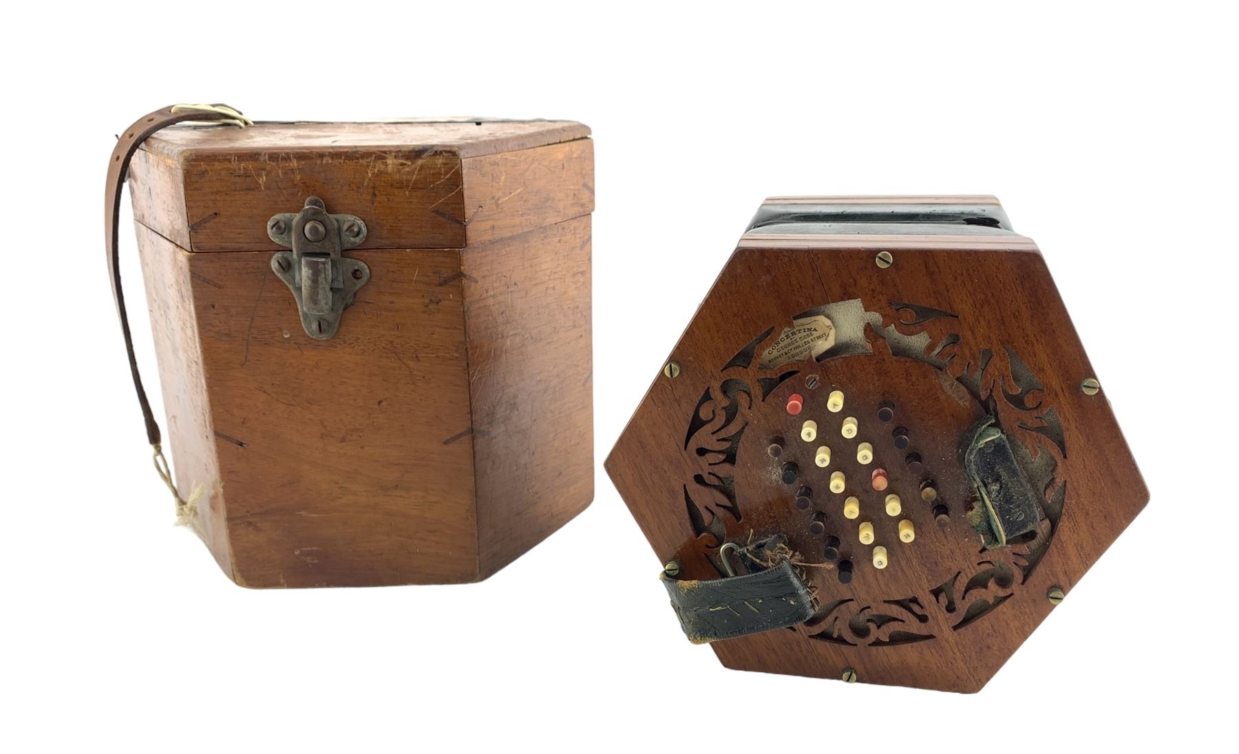 Late Victorian concertina by George Case for Boosey & Co with forty eight buttons in original box. This item has been registered for sale under Section 10 of the APHA Ivory Act