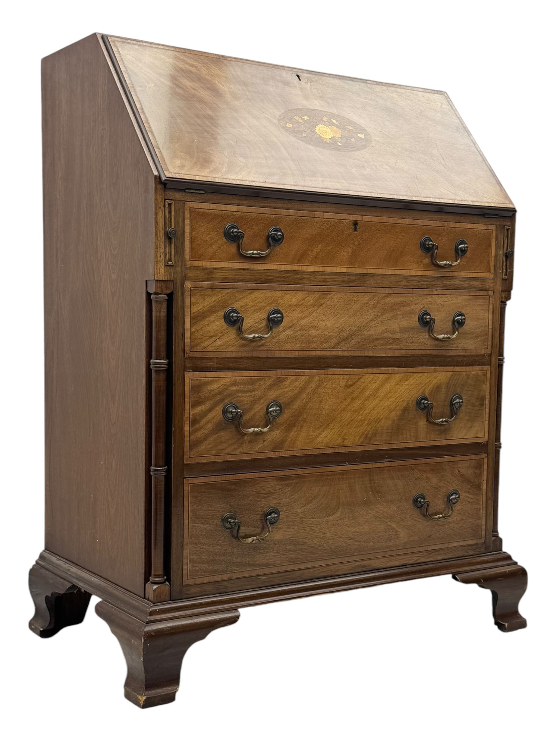 Georgian design mahogany bureau, moulded fall front with central floral inlays and satinwood band, fitted with four graduating drawers enclosed by ring turned pillars, on ogee bracket feet 