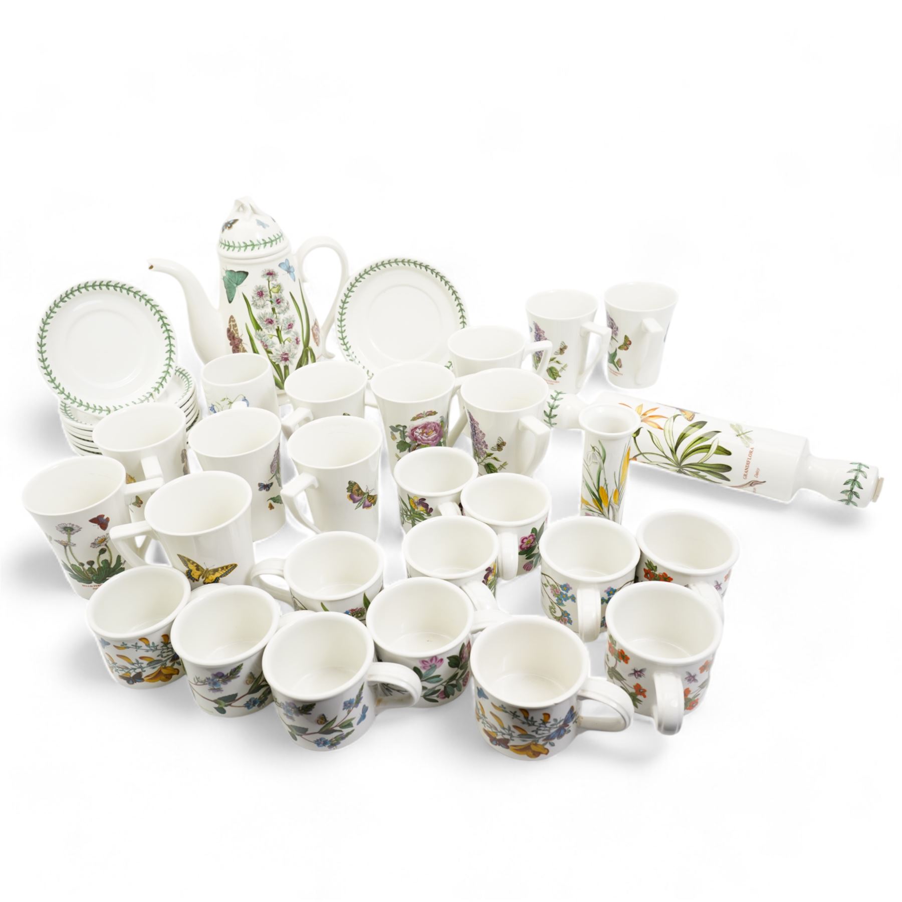 Portmeirion Botanic Garden tea, dinner and table wares to include a teapot, coffee pot, eleven mugs, rolling pin, wall clock, ten breakfast bowls, five dinner plates etc (qty)