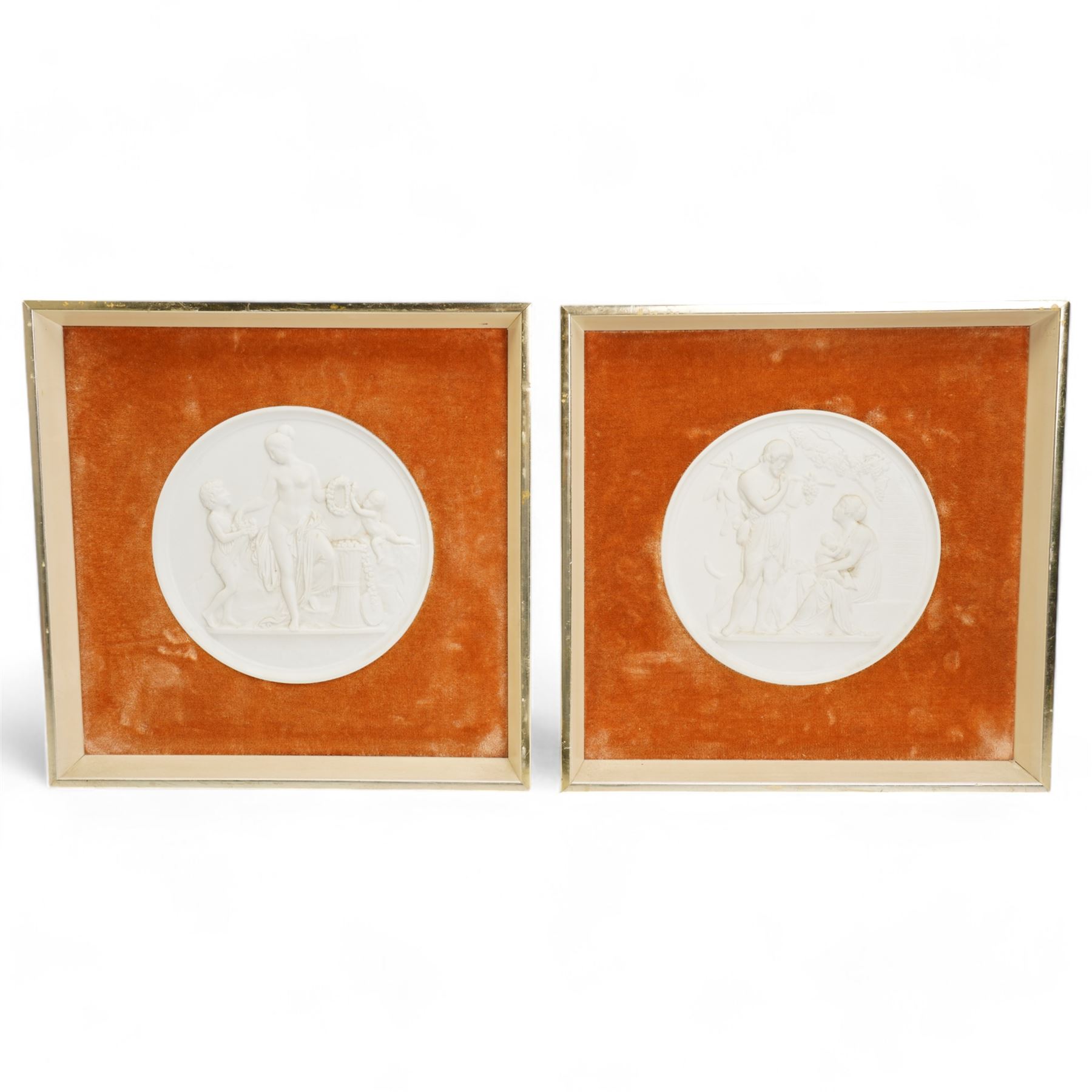 Pair of Continental bisque porcelain oval plaques, in relief, depicting Autumn and Spring, within square velvet lined frames, 24.5cm x 24.5cm, together with a reproduction relief plaque depicting a portrait of a young lady, believed to be Saint Cecilia, W16.5cm x H25cm 