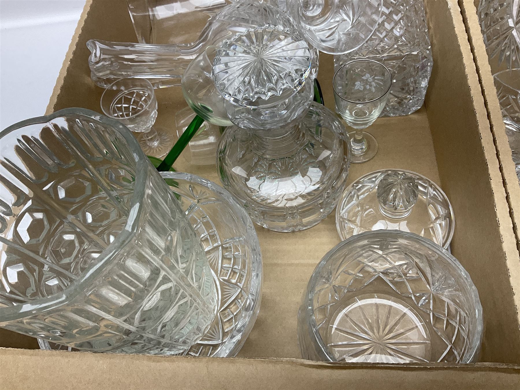 Cut crystal and glassware, including Stuart Crystal mushroom decanter, Elizabeth crystal vase, drinking glasses, tumblers, etc, in four boxes