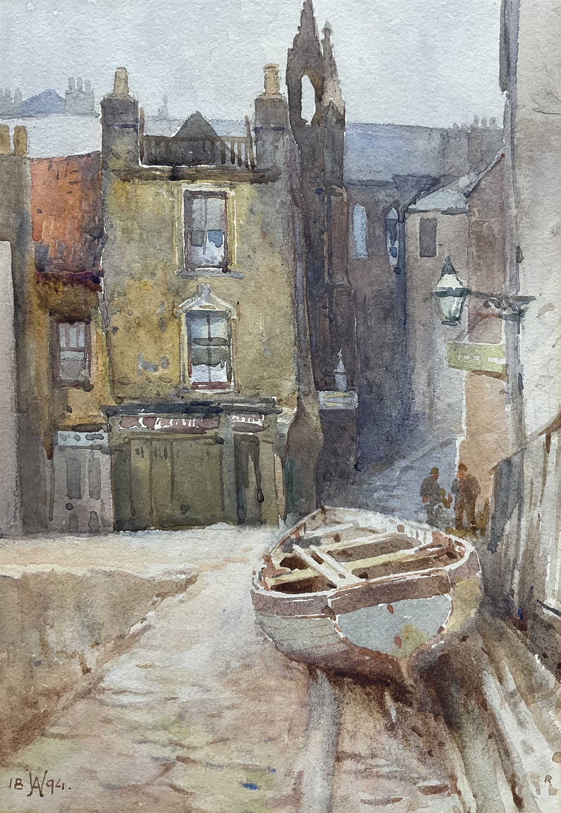 Charles William Adderton (British 1866-1944): 'Sandside Scarborough', watercolour signed with monogram and dated 1894, 25cm x 17.5cm (unframed)
Provenance: direct from the family of the artist Harry Wanless 1872-1934, part of a collection never previously seen on the market
Notes: Adderton was a friend of the brothers Harry and Charles Wanless, all of whom studied under Albert Strange at the Scarborough School of Art School. Adderton had a studio at 55 Sandside, Scarborough between 1894 and 1901, he moved to Ockbrook Derby and later to Robin Hoods Bay where he was a member of the Fylingdales Group of Artists