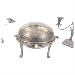 Walker and Hall turnover dish, engraved throughout with foliate decoration, with ivorine handle and upon four paw feet, together with a pair of silver plated candelabra and a pair of silver plated candlesticks, tallest H20cm