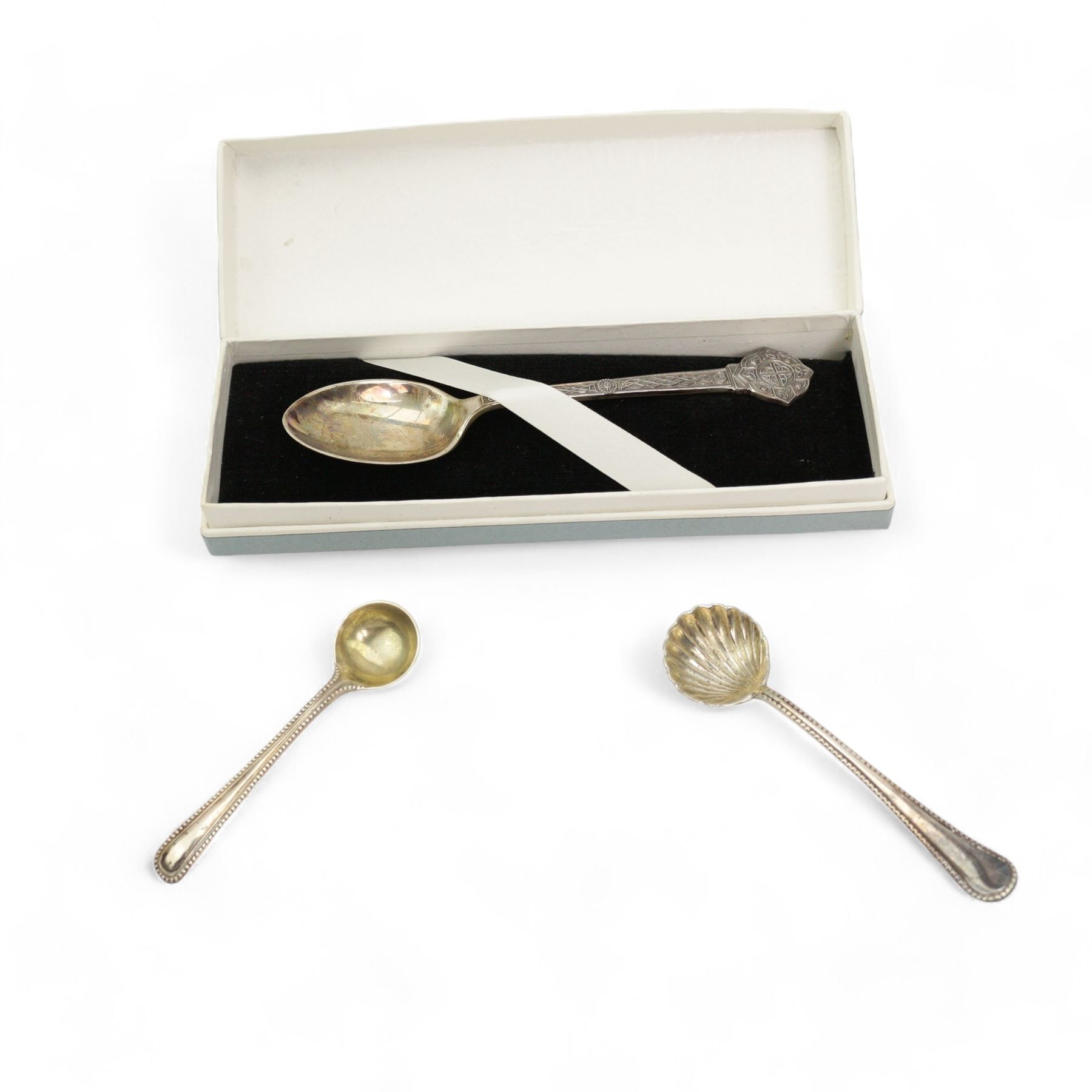 Silver bon bon dish by William Hutton & Sons Ltd, Birmingham 1899, two pairs of silver sugar nips, one with acorn finials bowl, set of six coffee spoons, silver christening spoon, silver pepperette and two salt spoons